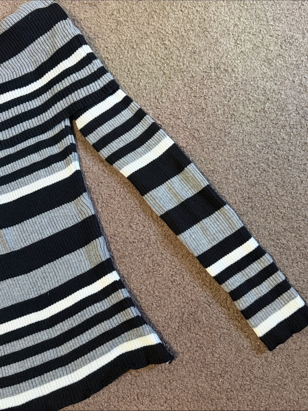 Striped Off-the-Shoulder Ribbed Sweater - Black, Gray, White - Picture 4 of 7